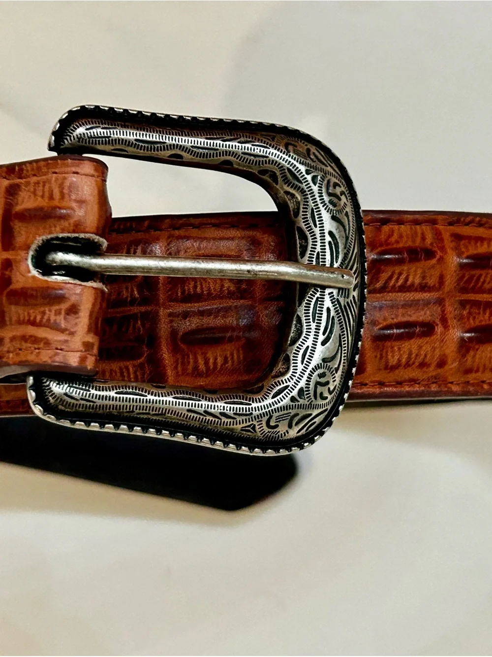 Cavender’s Men’s Brown Embossed Leather Western Belt Silver Engraved Buckle